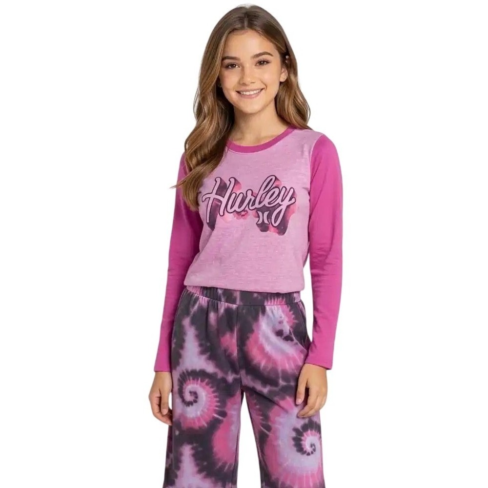 Hurley Girls 2-Piece Pajama Set Pink Tie Dye Long Sleeve Top Pants Size 6 NWt